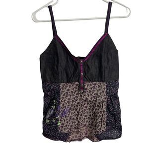 Kessley Womens Babydoll Tank Top L Black Purple Peasant Grunge Chic Patchwork